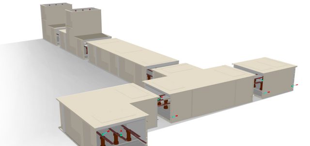 Render de uma linha BX-MT de fases não segregadas com curvas e elementos terminais