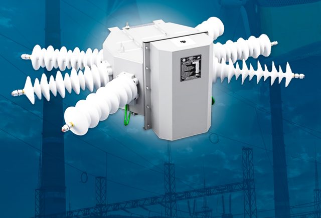 Seccionadora ESG Matic em aço inox com isoladores de silicone brancos e caixa de comando, sobre fundo azul