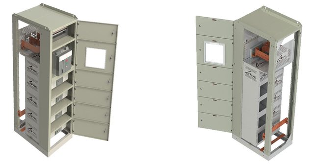 Renders de colunas NoTTabile para QGBT com portas abertas mostrando gavetas e barramentos